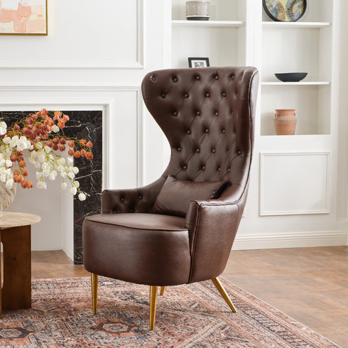 Letitia Faux Leather Wingback Chair - Brown Accent Chair | Decorative Faux Leather Chairs | Kinwell Furniture | Modern Wingback Accent Chairs