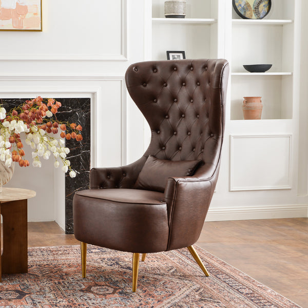 Letitia Faux Leather Wingback Chair - Brown Accent Chair | Decorative Faux Leather Chairs | Kinwell Furniture | Modern Wingback Accent Chairs