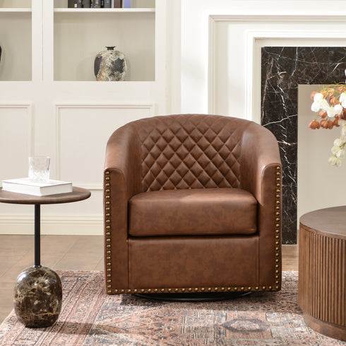 Logan Faux Leather Tufted Swivel Club Chair - Brown Mid Century Modern Swivel Chair | Waiting Room Swivel Chairs| Kinwell Furniture | Designer Swivel Chairs