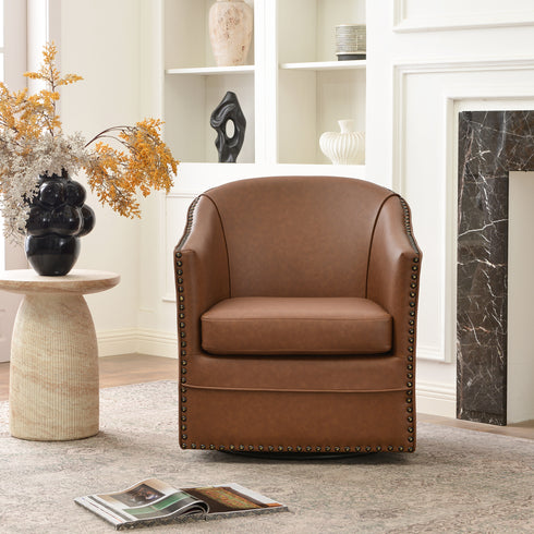 Lawton Faux Leather Tufted Swivel Chair – Brown Industrial Modern Swivel Chair | Faux Leather Office & Lounge Chair | Kinwell Furniture | High Back Chair