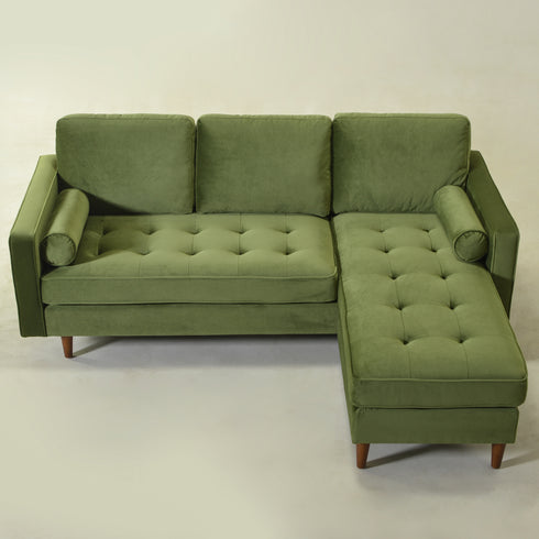 Tiziano Tufted 2-Piece Sectional Sofa – Green Velvet Reversible Chaise Couch with Accent Pillows | Mid-Century Modern L-Shaped Sofa | Kinwell Furniture