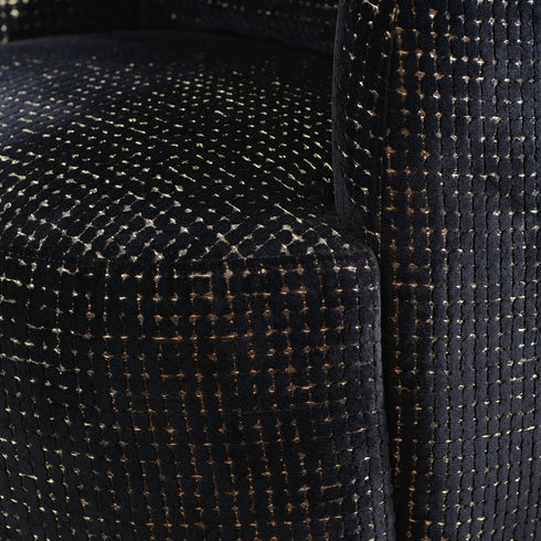 Ashlie Sculpted Jacquard Swivel Barrel Chair - Black & Gold Jacquard Swivel Chair | Sculpted Barrel Accent Chair | Modern Swivel Accent Chair | Upholstered Swivel Armchair | Kinwell Furniture | 360 Degree Swivel Barrel Chair | Embossed Jacquard Accent Chair | Living Room Accent Chairs | Luxury Statement Chair