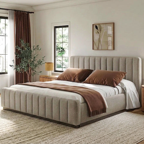 Agnes Linen Platform Bed - Beige / Gray Upholstered Bed | Queen & King Platform Beds | Kinwell Furniture | Modern Linen Bed Frames