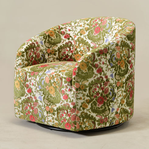 Susie Botanical Jacquard Swivel Barrel Chair - Botanical Jacquard Accent Chair | Modern Swivel Accent Chair | Upholstered Swivel Armchair | Kinwell Furniture | 360 Degree Swivel Barrel Chair | Floral Jacquard Armchair | Living Room Accent Chairs | Luxury Statement Chair