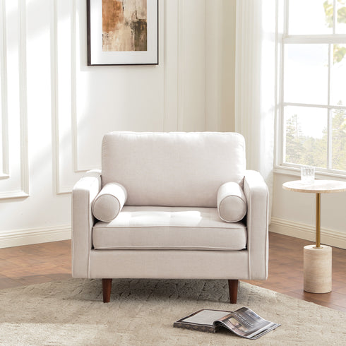 Tiziano Tufted Armchair – Ivory Linen Accent Chair with Pillows | Mid-Century Lounge Chair | Kinwell Furniture