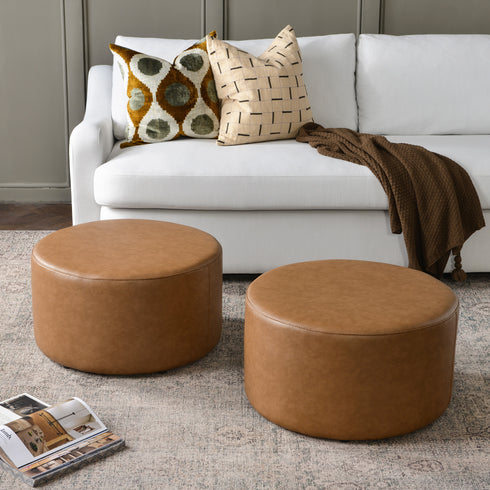 Elof Faux Leather Ottoman - Modern Faux Leather Pouf | Small Round Ottoman | Kinwell Furniture | Footstool for Lounge