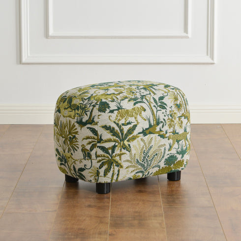 Elmer Embroidered Fabric Ottoman - Jungle Animal Print Ottoman | Embroidered Fabric Footstool | Kinwell Furniture | Modern Decorative Ottoman | Upholstered Accent Ottoman | Living Room Ottoman Stool | Matching Ottoman for Ashlie Swivel Chair | Statement Fabric Ottoman