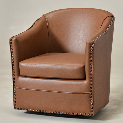 Lawton Faux Leather Tufted Swivel Chair – Brown Industrial Modern Swivel Chair | Faux Leather Office & Lounge Chair | Kinwell Furniture | High Back Chair