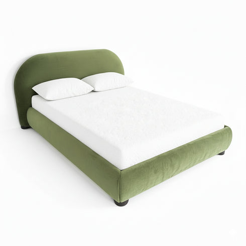 Harriet Velvet Bed Frame with Headboard – Olive Green Upholstered Platform Bed | Queen Size | Kinwell Furniture