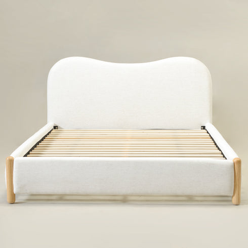 Dorothy Linen Platform Bed with Headboard – White Modern Upholstered Queen Bed Frame | Platform Beds | Kinwell Furniture | Bedroom Bed Frame