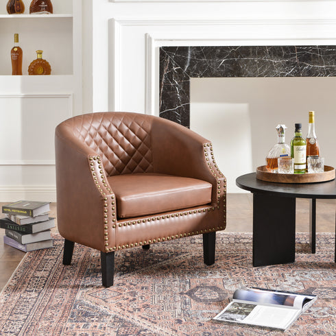 Louis Faux Leather Tufted Club Chair - Brown Accent Chair | Decorative Accent Chairs | Kinwell Furniture | Modern Club Chairs | Barrel Club Chair | Nailhead Trim Chair | Contemporary Faux Leather Chair | Elegant Brown Chair