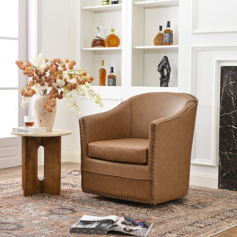 Lawton Faux Leather Tufted Swivel Chair – Camel Industrial Modern Swivel Chair | Faux Leather Office & Lounge Chair | Kinwell Furniture | High Back Chair