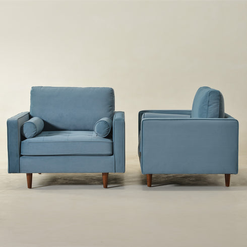 Tiziano Tufted Armchair – Blue Velvet Accent Chair with Pillows | Mid-Century Lounge Chair | Kinwell Furniture