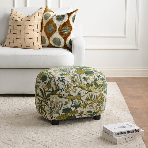Elmer Embroidered Fabric Ottoman - Jungle Animal Print Ottoman | Embroidered Fabric Footstool | Kinwell Furniture | Modern Decorative Ottoman | Upholstered Accent Ottoman | Living Room Ottoman Stool | Matching Ottoman for Ashlie Swivel Chair | Statement Fabric Ottoman