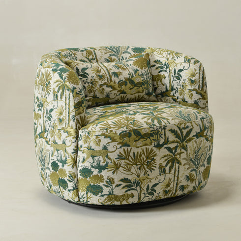 Ashlie Embroidered Fabric Swivel Chair - Jungle Animal Print Swivel Chair | Modern Swivel Accent Chair | Upholstered Swivel Armchair | Kinwell Furniture | 360 Degree Swivel Barrel Chair | Embroidered Fabric Armchair | Living Room Accent Chairs | Statement Swivel Chair