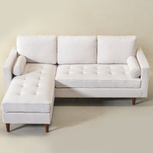 Tiziano Tufted 2-Piece Sectional Sofa – Ivory Linen Reversible Chaise Couch with Accent Pillows | Mid-Century Modern L-Shaped Sofa | Kinwell Furniture