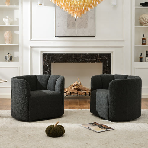 Wilton Bouclé Swivel Barrel Chair - Black Petal Back Modern Swivel Chair | Swivel Accent Chairs | Kinwell Furniture | Swivel Armchairs
