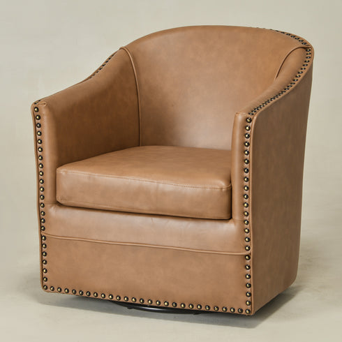 Lawton Faux Leather Tufted Swivel Chair – Camel Industrial Modern Swivel Chair | Faux Leather Office & Lounge Chair | Kinwell Furniture | High Back Chair