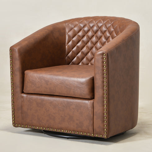 Logan Faux Leather Tufted Swivel Club Chair - Brown Mid Century Modern Swivel Chair | Waiting Room Swivel Chairs| Kinwell Furniture | Designer Swivel Chairs