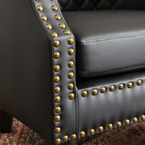 Louis Faux Leather Tufted Club Chair - Black Accent Chair | Decorative Accent Chairs | Kinwell Furniture | Modern Club Chairs | Barrel Club Chair | Nailhead Trim Chair | Contemporary Faux Leather Chair | Elegant Black Chair