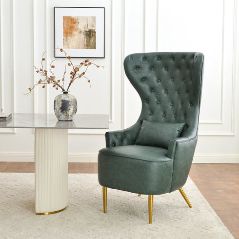 Letitia Faux Leather Wingback Chair - Green Accent Chair | Decorative Faux Leather Chairs | Kinwell Furniture | Modern Wingback Accent Chairs