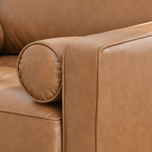 Tiziano Tufted Armchair – Camel Faux Leather Accent Chair with Pillows | Mid-Century Lounge Chair | Kinwell Furniture