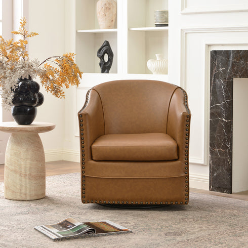 Lawton Faux Leather Tufted Swivel Chair – Camel Industrial Modern Swivel Chair | Faux Leather Office & Lounge Chair | Kinwell Furniture | High Back Chair