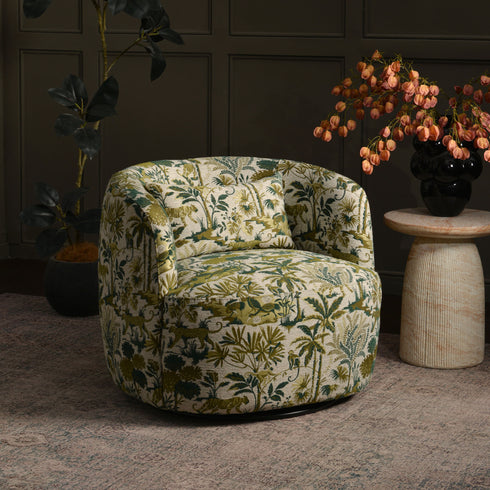 Ashlie Embroidered Fabric Swivel Chair - Jungle Animal Print Swivel Chair | Modern Swivel Accent Chair | Upholstered Swivel Armchair | Kinwell Furniture | 360 Degree Swivel Barrel Chair | Embroidered Fabric Armchair | Living Room Accent Chairs | Statement Swivel Chair