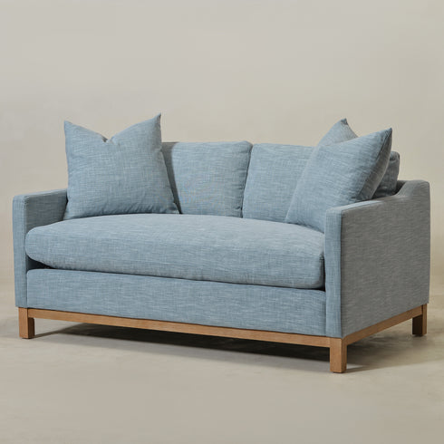 Goose Down Feathers Upholstered Loveseat – Blue Square Arm 2-Seater Sofa | Plush Feather-Filled Loveseat | Kinwell Furniture | Cloud-Soft, Timeless Design