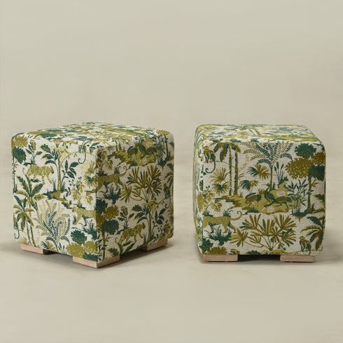 Jungle Animal Print Embroidered Fabric Square Ottoman | Embroidered Fabric Footstool | Modern Decorative Accent | Upholstered Accent Seating | Living Room Furniture | Statement Fabric Design | Kinwell Furniture
