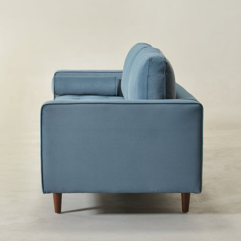 Tiziano Tufted 3-Seater Sofa – Blue Velvet Couch with Accent Pillows | Mid-Century Modern Sofa | Kinwell Furniture