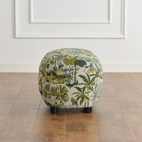 Elmer Embroidered Fabric Ottoman - Jungle Animal Print Ottoman | Embroidered Fabric Footstool | Kinwell Furniture | Modern Decorative Ottoman | Upholstered Accent Ottoman | Living Room Ottoman Stool | Matching Ottoman for Ashlie Swivel Chair | Statement Fabric Ottoman