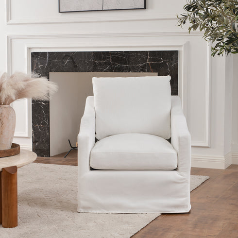 Charles Slipcover Swivel Barrel Chair – Pure White Modern Swivel Chair | Slipcover Swivel Chairs | Kinwell Furniture | Swivel Armchairs