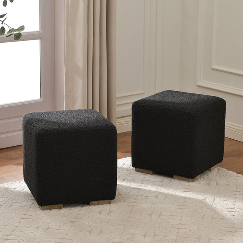 Bouclé Square Ottoman – Black Modern Footstool | Small Upholstered Ottomans | Kinwell Furniture | Minimalist Cube Poufs