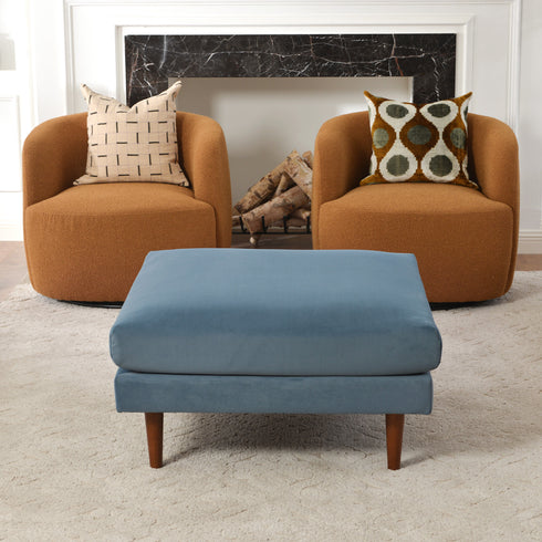 Albert Linen Blend Ottoman – Footrest & Pouf | Living Room Accent Seat | Kinwell Furniture | Contemporary Ottoman | Blue