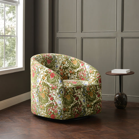 Susie Botanical Jacquard Swivel Barrel Chair - Botanical Jacquard Accent Chair | Modern Swivel Accent Chair | Upholstered Swivel Armchair | Kinwell Furniture | 360 Degree Swivel Barrel Chair | Floral Jacquard Armchair | Living Room Accent Chairs | Luxury Statement Chair