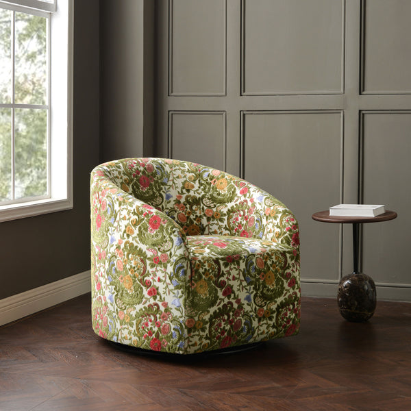 Susie Botanical Jacquard Swivel Barrel Chair - Botanical Jacquard Accent Chair | Modern Swivel Accent Chair | Upholstered Swivel Armchair | Kinwell Furniture | 360 Degree Swivel Barrel Chair | Floral Jacquard Armchair | Living Room Accent Chairs | Luxury Statement Chair
