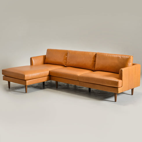 Samuel Tapered Arm Two-Piece Sectional – Leather Camel Chaise Sectional Sofa | 3-Seater Couch | Kinwell Furniture | Mid-Century Modern Design