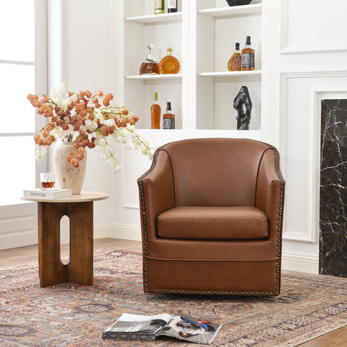Lawton Faux Leather Tufted Swivel Chair – Brown Industrial Modern Swivel Chair | Faux Leather Office & Lounge Chair | Kinwell Furniture | High Back Chair