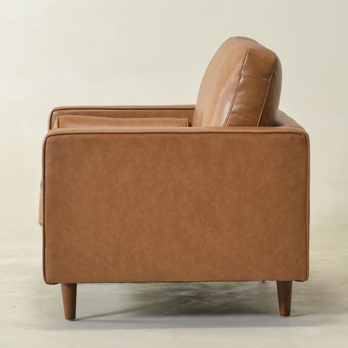 Tiziano Tufted Armchair – Camel Faux Leather Accent Chair with Pillows | Mid-Century Lounge Chair | Kinwell Furniture