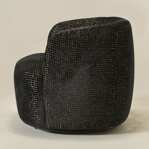 Ashlie Sculpted Jacquard Swivel Barrel Chair - Black & Gold Jacquard Swivel Chair | Sculpted Barrel Accent Chair | Modern Swivel Accent Chair | Upholstered Swivel Armchair | Kinwell Furniture | 360 Degree Swivel Barrel Chair | Embossed Jacquard Accent Chair | Living Room Accent Chairs | Luxury Statement Chair