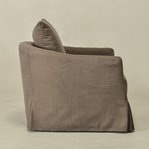 Eliza Slipcover Swivel Barrel Chair – Brown Swivel Armchair | Washable Slipcover Chair | Kinwell Furniture | Cozy Lounge Chair