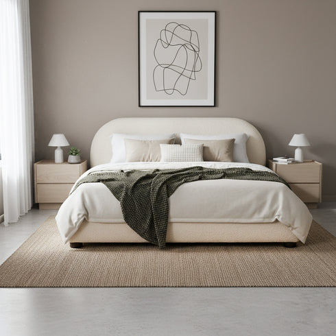 Harriet Boucle Platform Bed with Wood Legs
