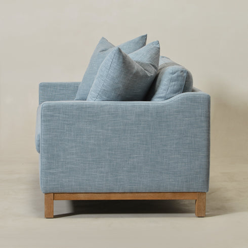 Goose Down Feathers Upholstered Loveseat – Blue Square Arm 2-Seater Sofa | Plush Feather-Filled Loveseat | Kinwell Furniture | Cloud-Soft, Timeless Design