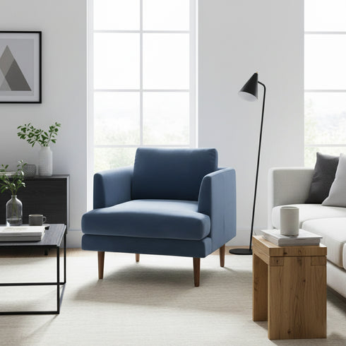 Upholstered Armchair – Blue Square Arm Accent Chair | Performance Fabric Armchair | Kinwell Furniture | Scandinavian, Timeless Design