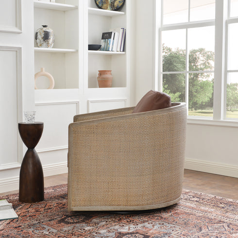 Claude Premium Leather Swivel Cane Chair - Brown Modern Swivel Chair | Swivel Accent Chairs | Kinwell Furniture | Swivel Armchairs