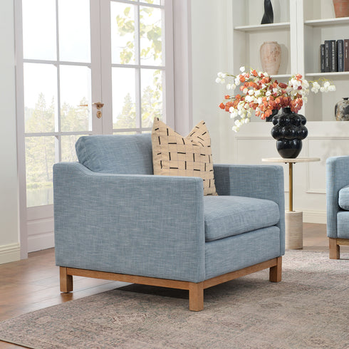 Goose Down Feathers Upholstered Armchair – Blue Square Arm Accent Chair | Plush Feather-Filled Chair | Kinwell Furniture | Cloud-Soft, Timeless Design