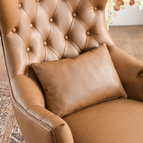 Letitia Faux Leather Wingback Chair - Camel Accent Chair | Decorative Faux Leather Chairs | Kinwell Furniture | Modern Wingback Accent Chairs