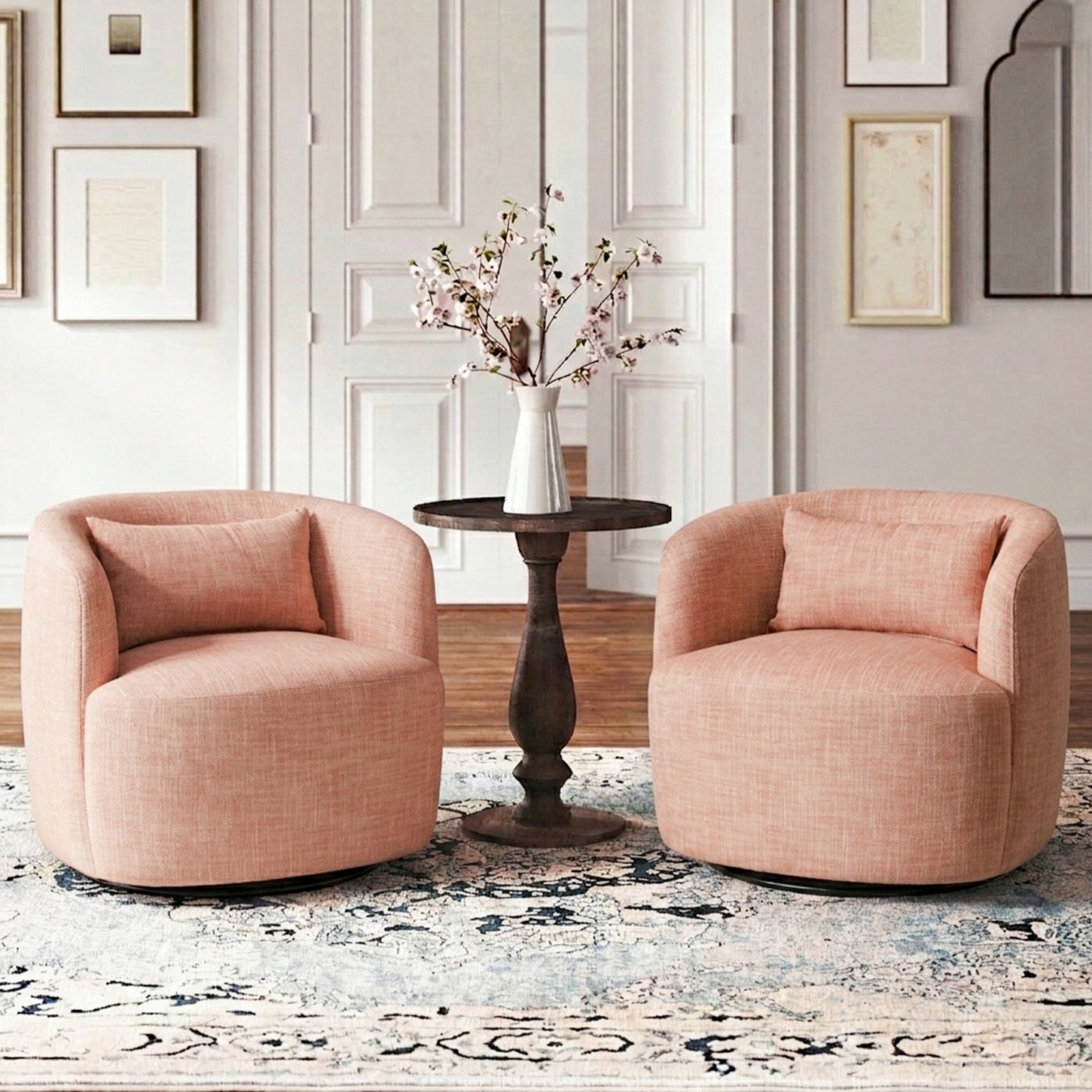 Ashlie Linen Swivel Barrel Chair - Coral Modern Swivel Chair | Swivel Accent Chairs | Kinwell Furniture | Swivel Armchairs