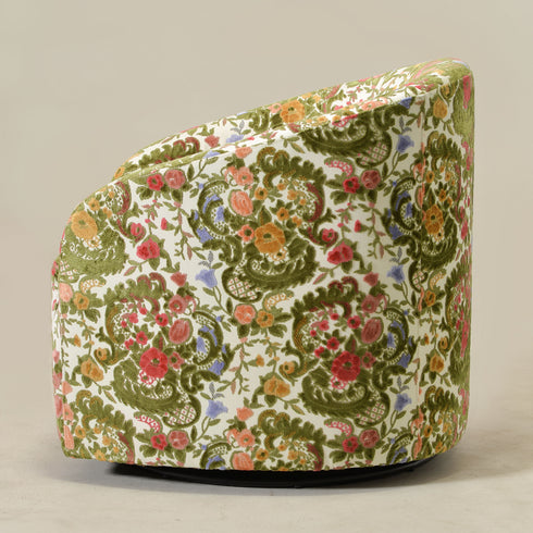 Susie Botanical Jacquard Swivel Barrel Chair - Botanical Jacquard Accent Chair | Modern Swivel Accent Chair | Upholstered Swivel Armchair | Kinwell Furniture | 360 Degree Swivel Barrel Chair | Floral Jacquard Armchair | Living Room Accent Chairs | Luxury Statement Chair